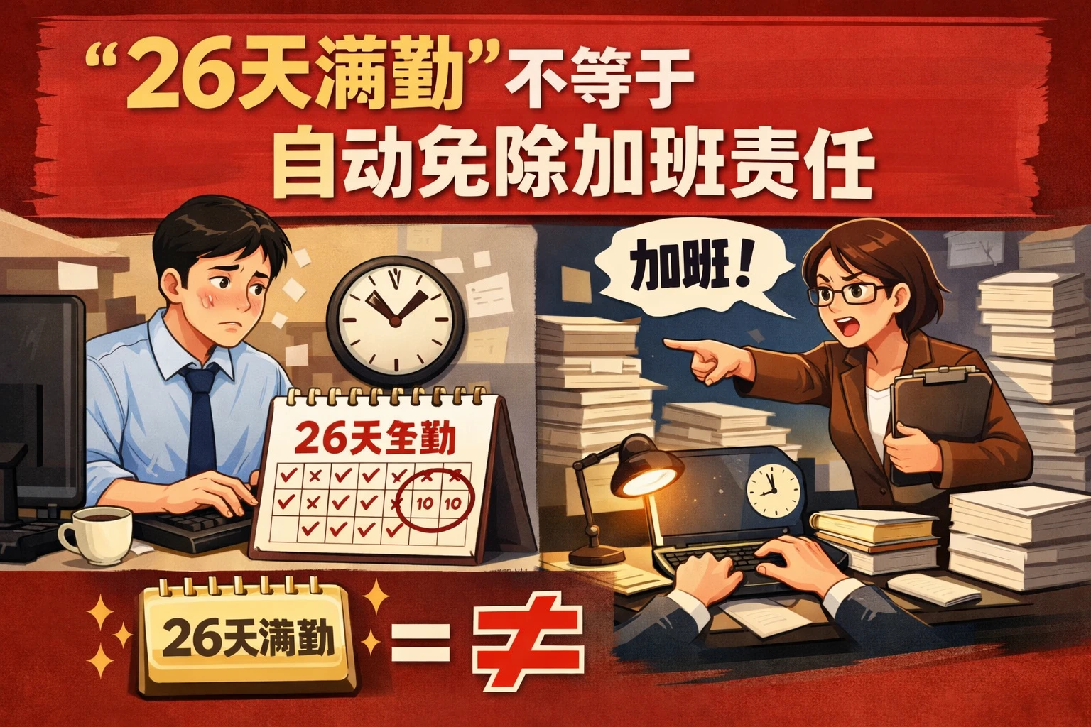 “26天满勤”不等于自动免除加班责任