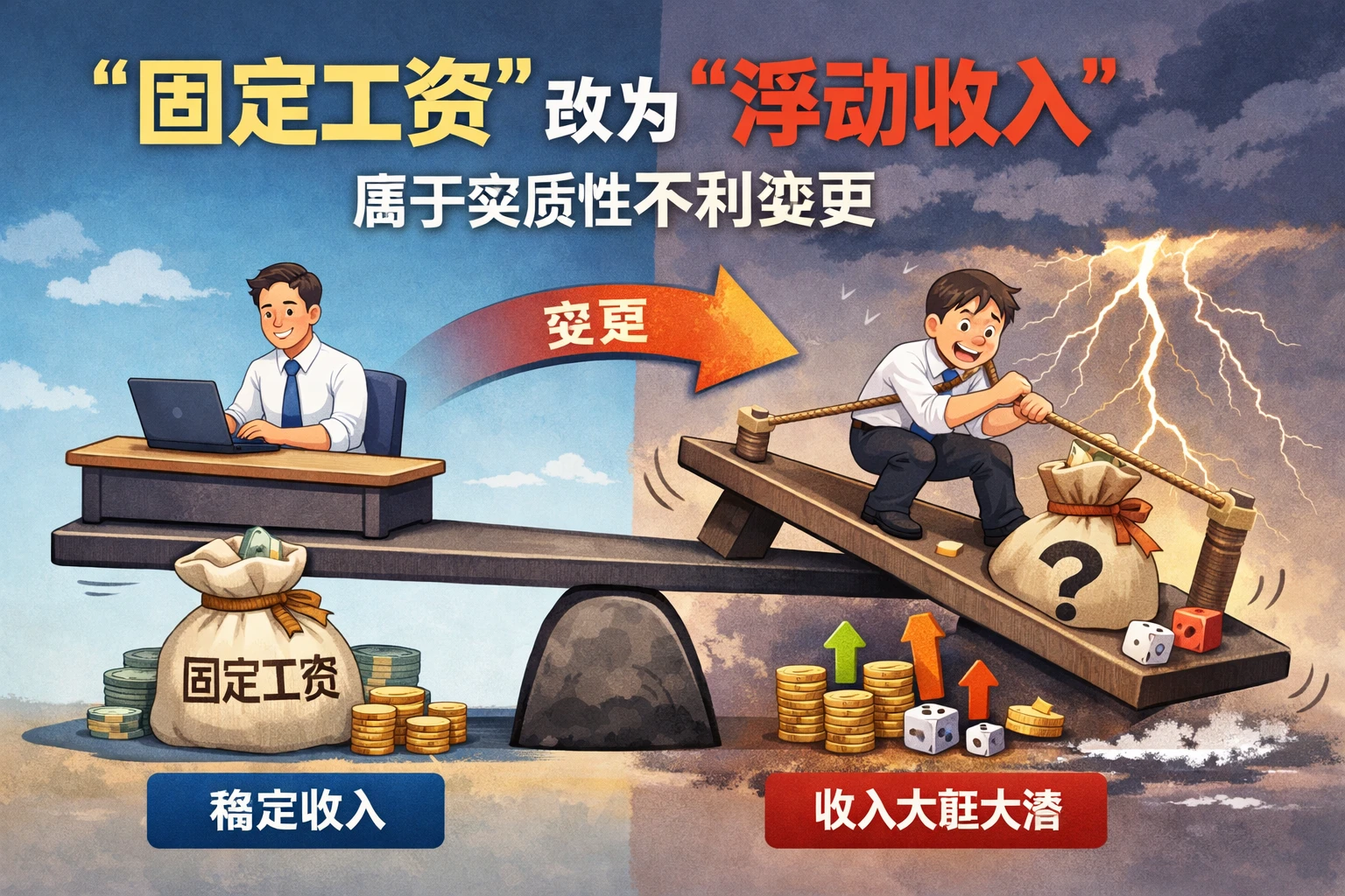 固定工资被大幅改为浮动收入，属于实质性不利变更