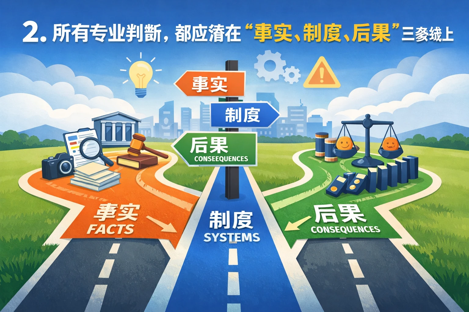 2. 所有专业判断,都应落在“事实、制度、后果”三条线上