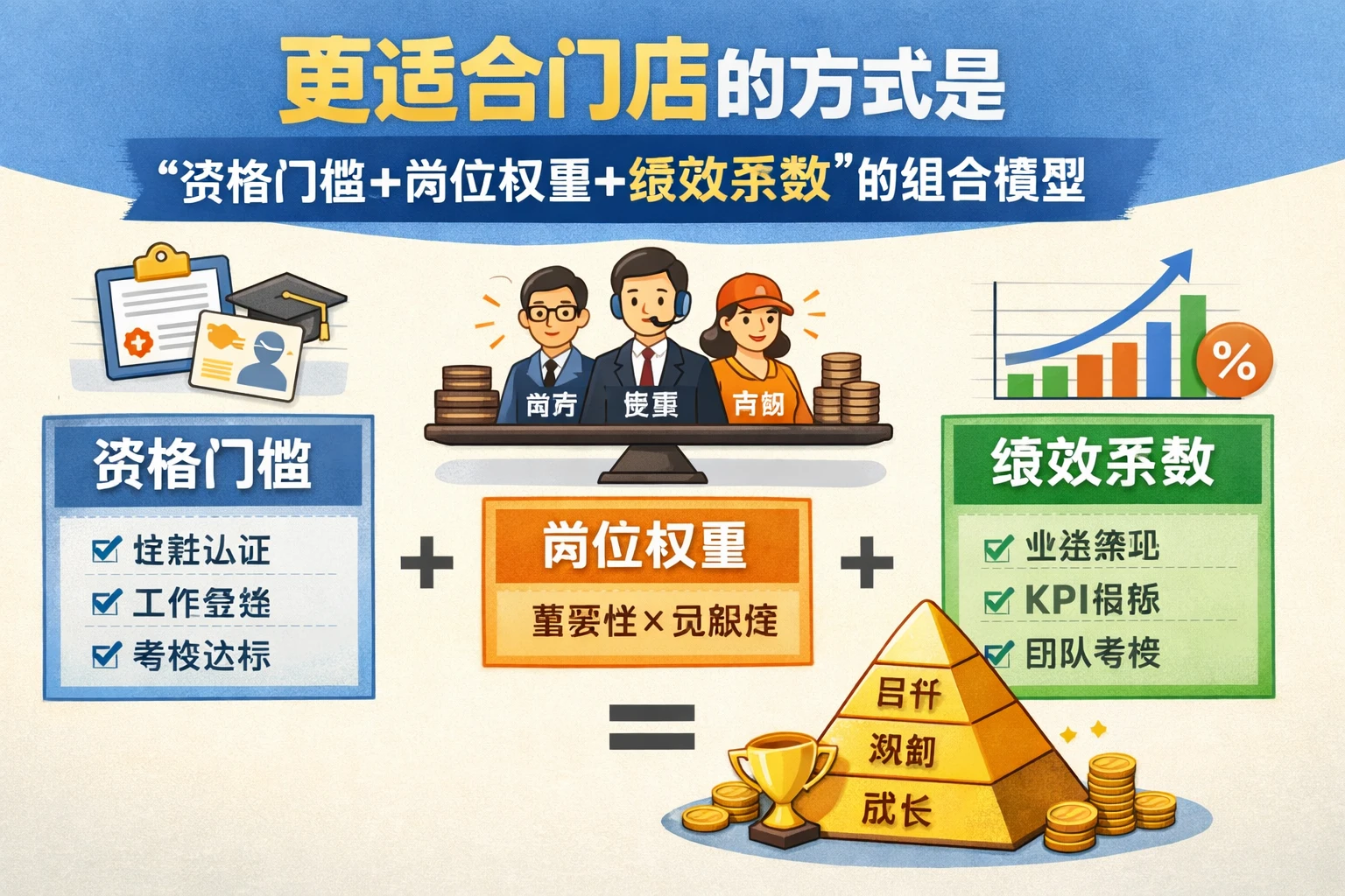 更适合门店的方式，是“资格门槛+岗位权重+绩效系数”的组合模型