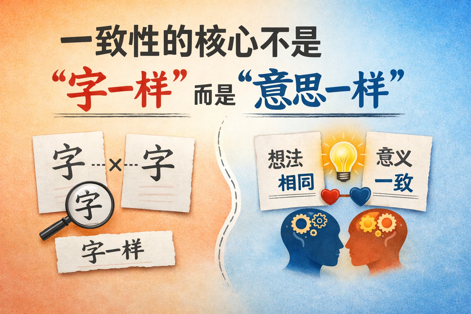 一致性的核心不是“字一样”，而是“意思一样”