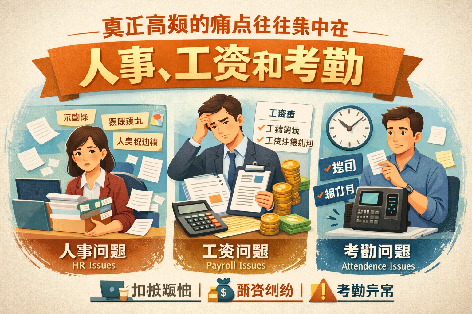 真正高频的痛点往往集中在人事、工资和考勤