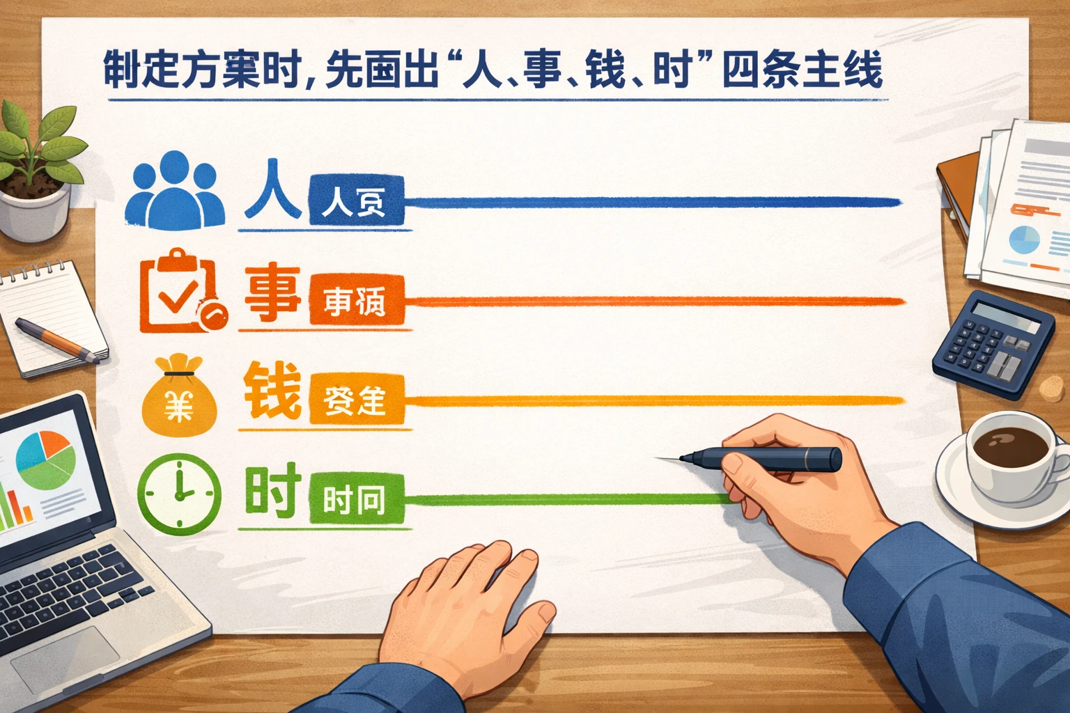 制定方案时，先画出“人、事、钱、时”四条主线