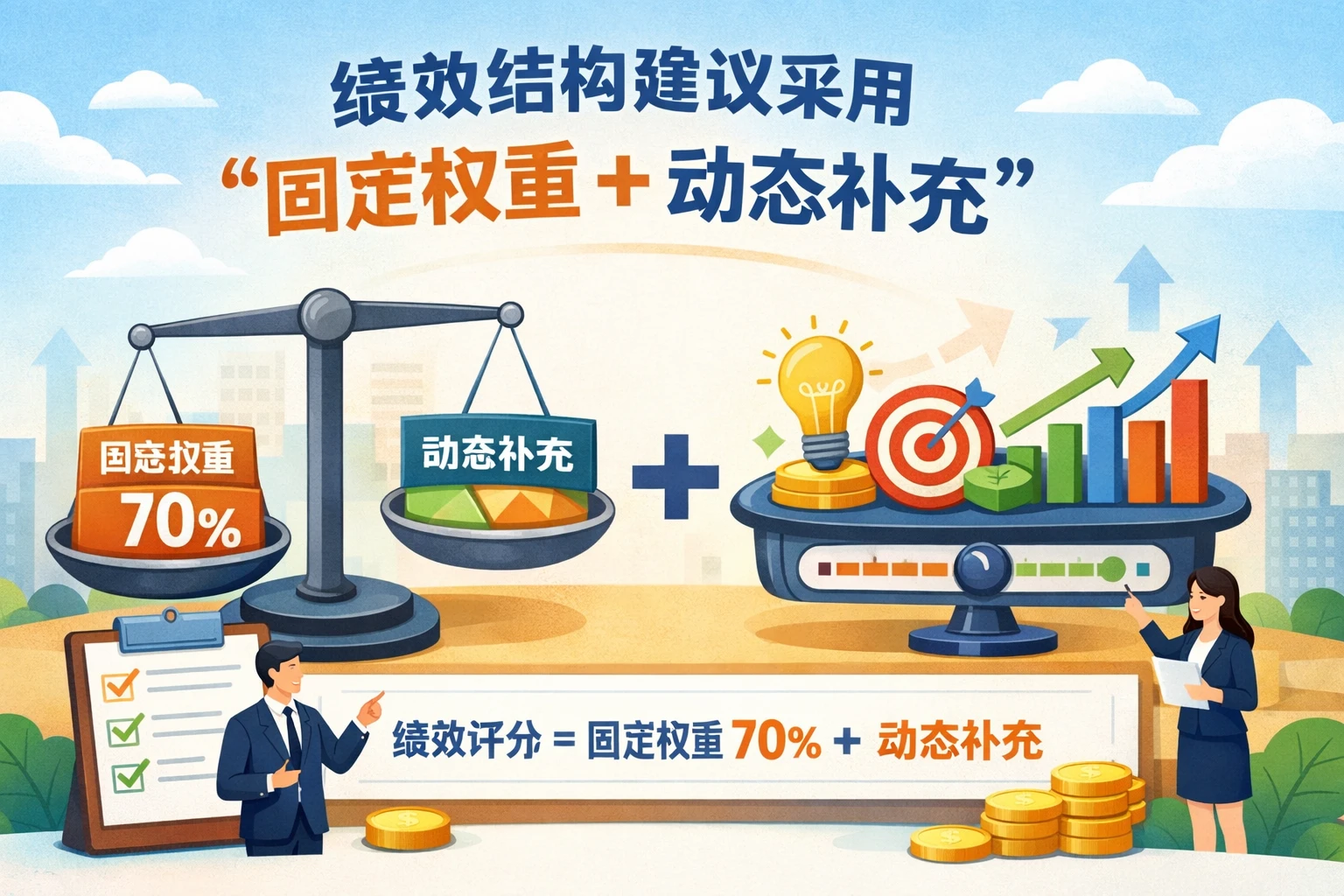 绩效结构建议采用“固定权重+动态补充”
