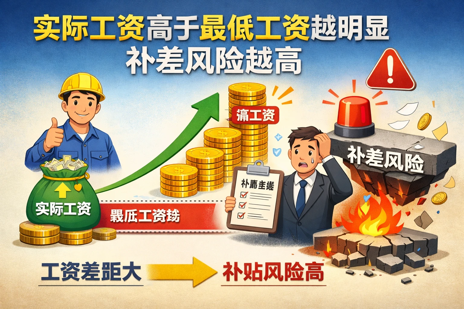 实际工资高于最低工资越明显,补差风险越高