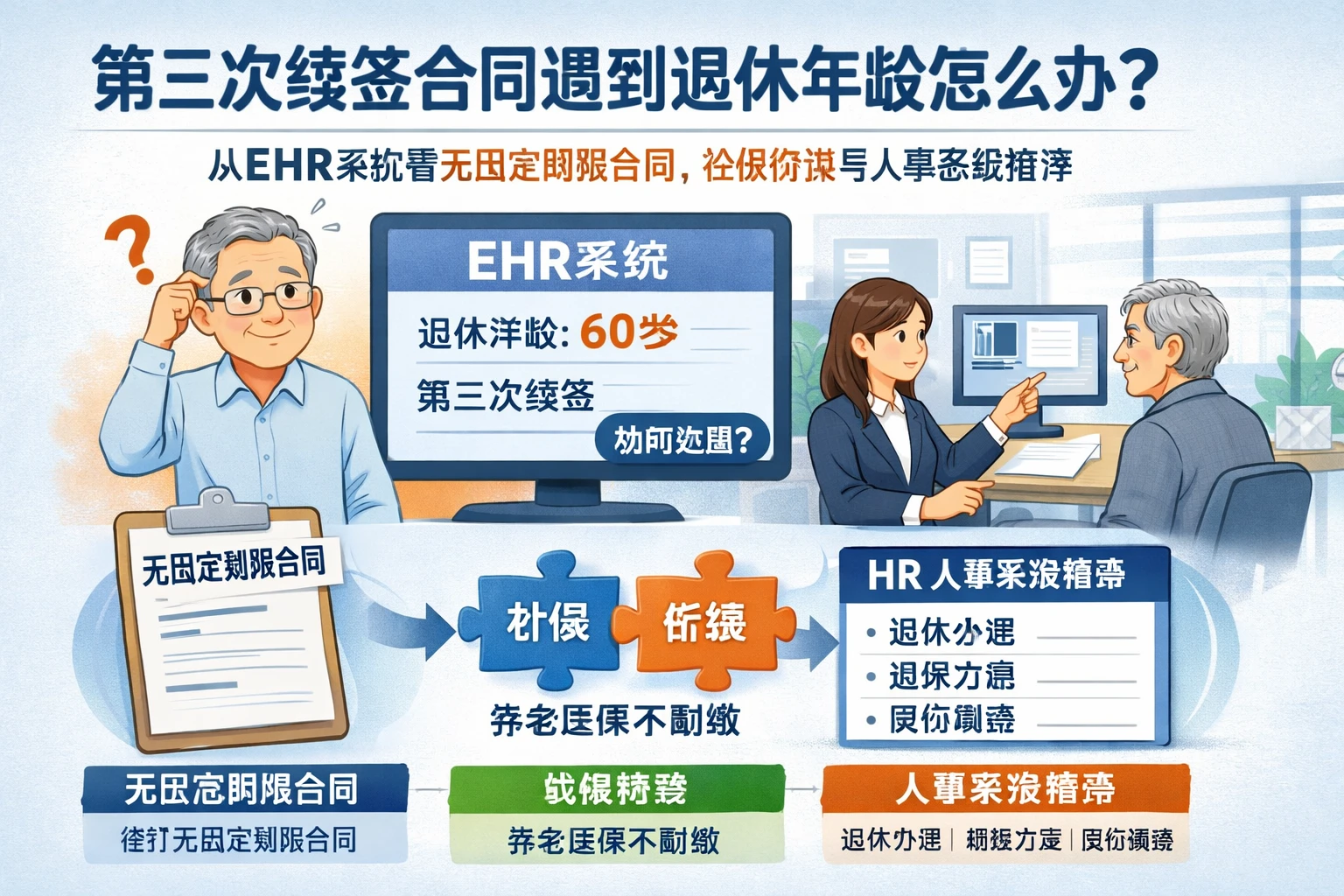 第三次续签合同遇到退休年龄怎么办?从ehr系统看无固定期限合同、社保衔接与人事系统推荐