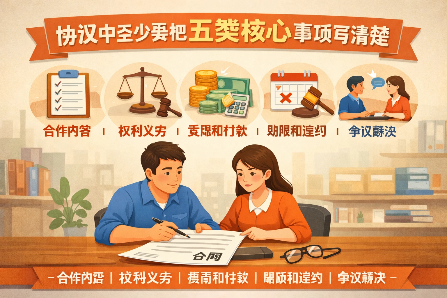 协议中至少要把五类核心事项写清楚