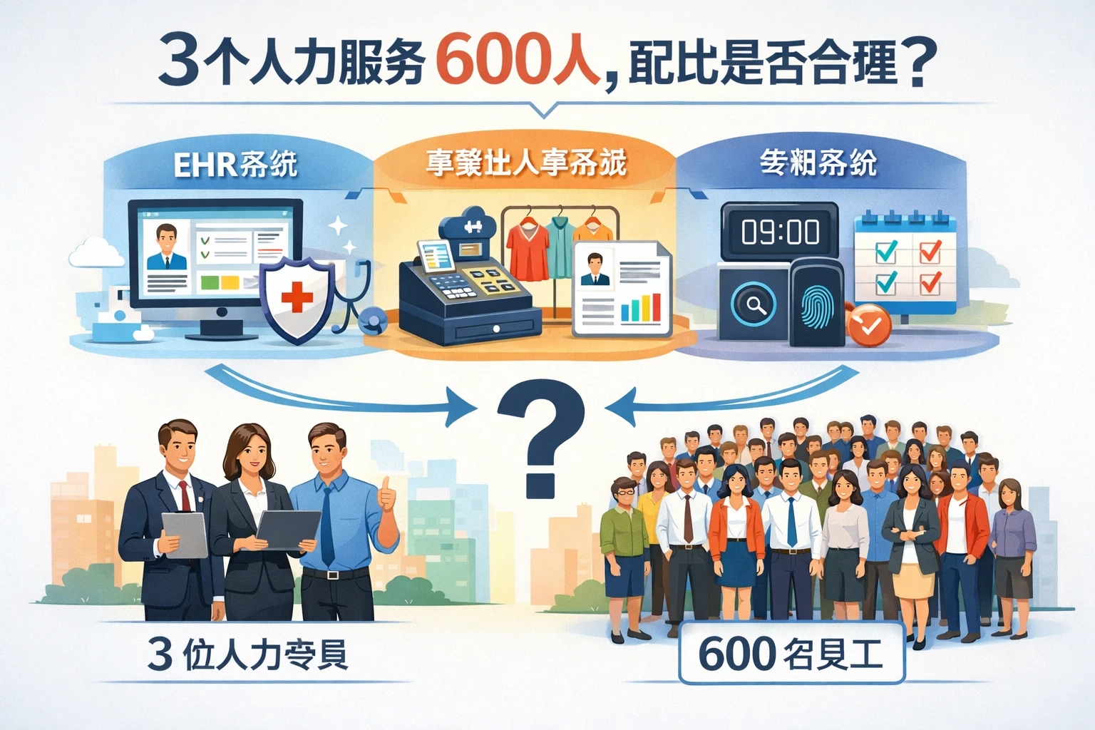 ehr系统、零售业人事系统与考勤系统：3个人力服务600人，配比是否合理？