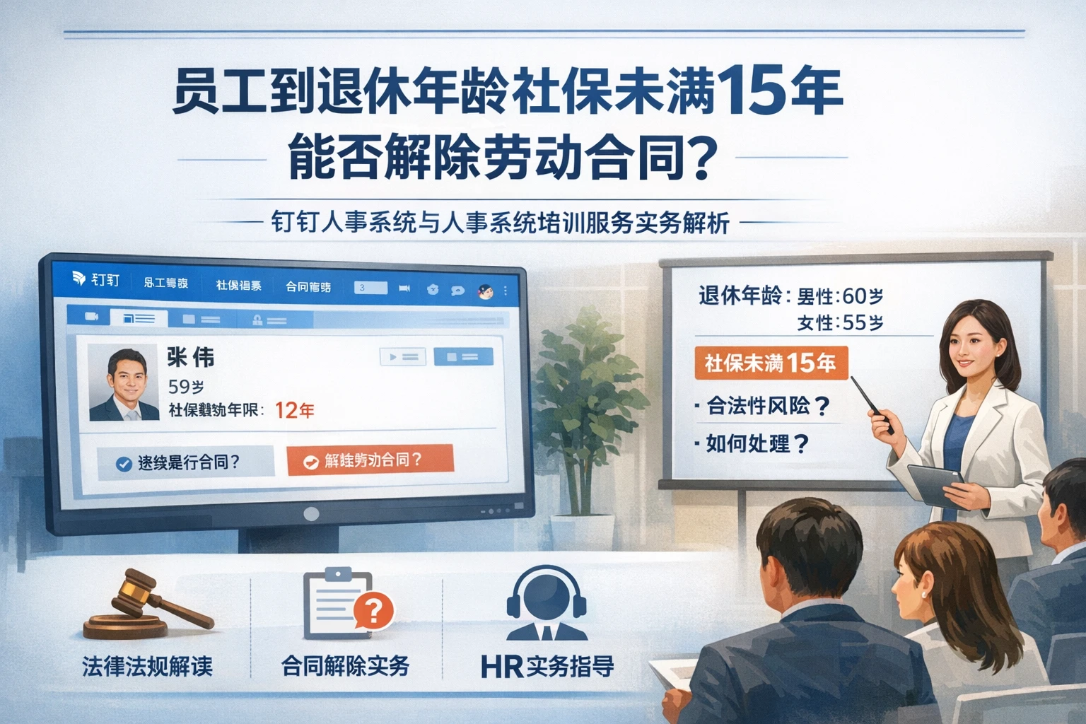 人事管理软件视角下，员工到退休年龄社保未满15年能否解除劳动合同？钉钉人事系统与人事系统培训服务实务解析