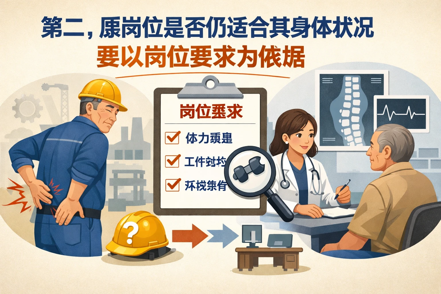 第二，原岗位是否仍适合其身体状况，要以岗位要求为依据