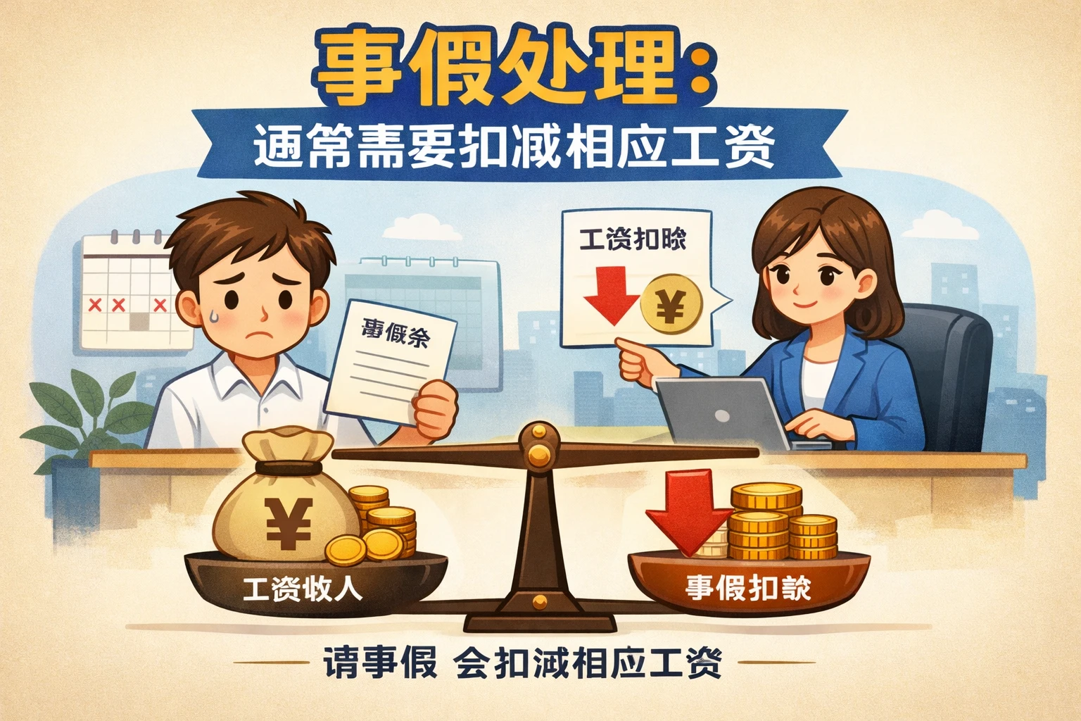 事假处理：通常需要扣减相应工资