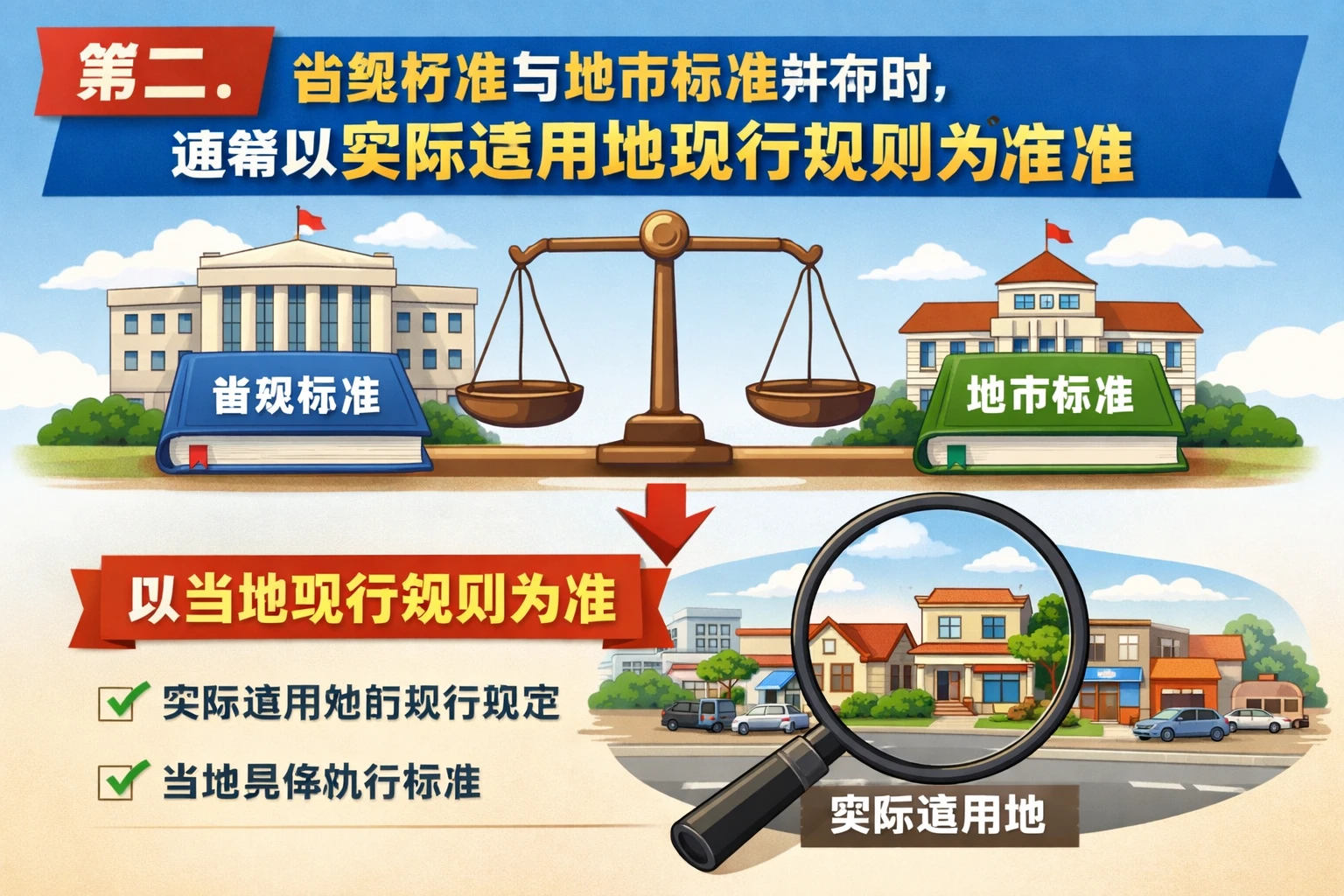 第二，省级标准与地市标准并存时，通常以实际适用地现行规则为准