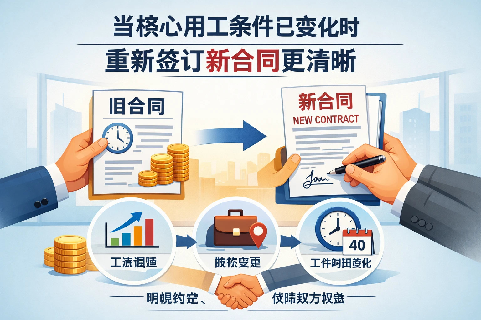 当核心用工条件已变化时，重新签订新合同更清晰
