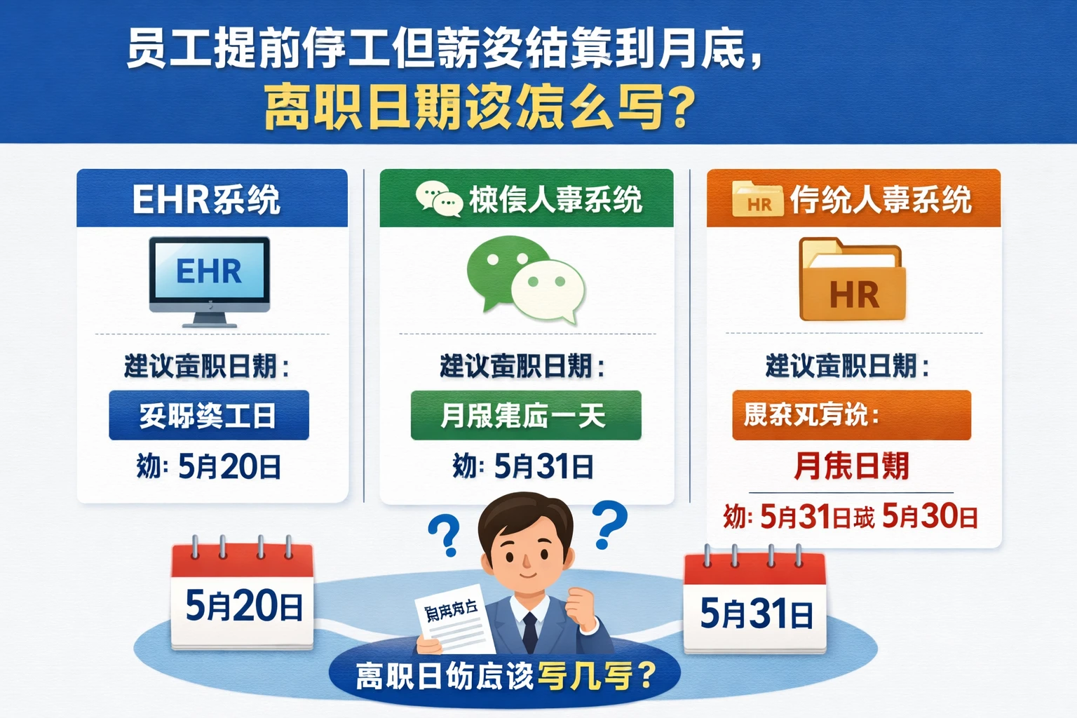 ehr系统、微信人事系统与人事系统对比：员工提前停工但薪资结算到月底，离职日期该怎么写？