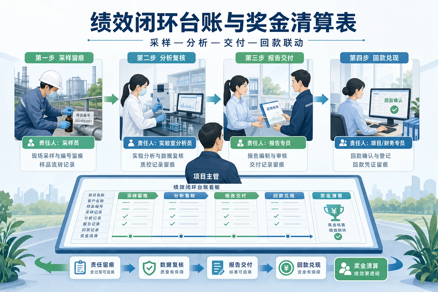 环保监测项目主管绩效闭环台账与奖金清算表模板（2026年版）