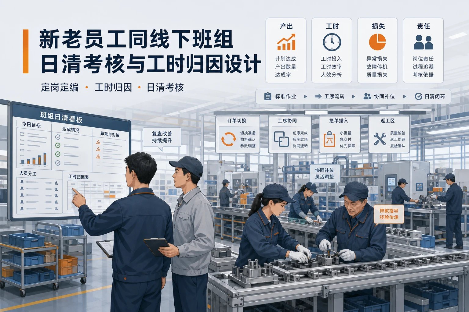 新老员工同线下班组日清考核与工时归因设计