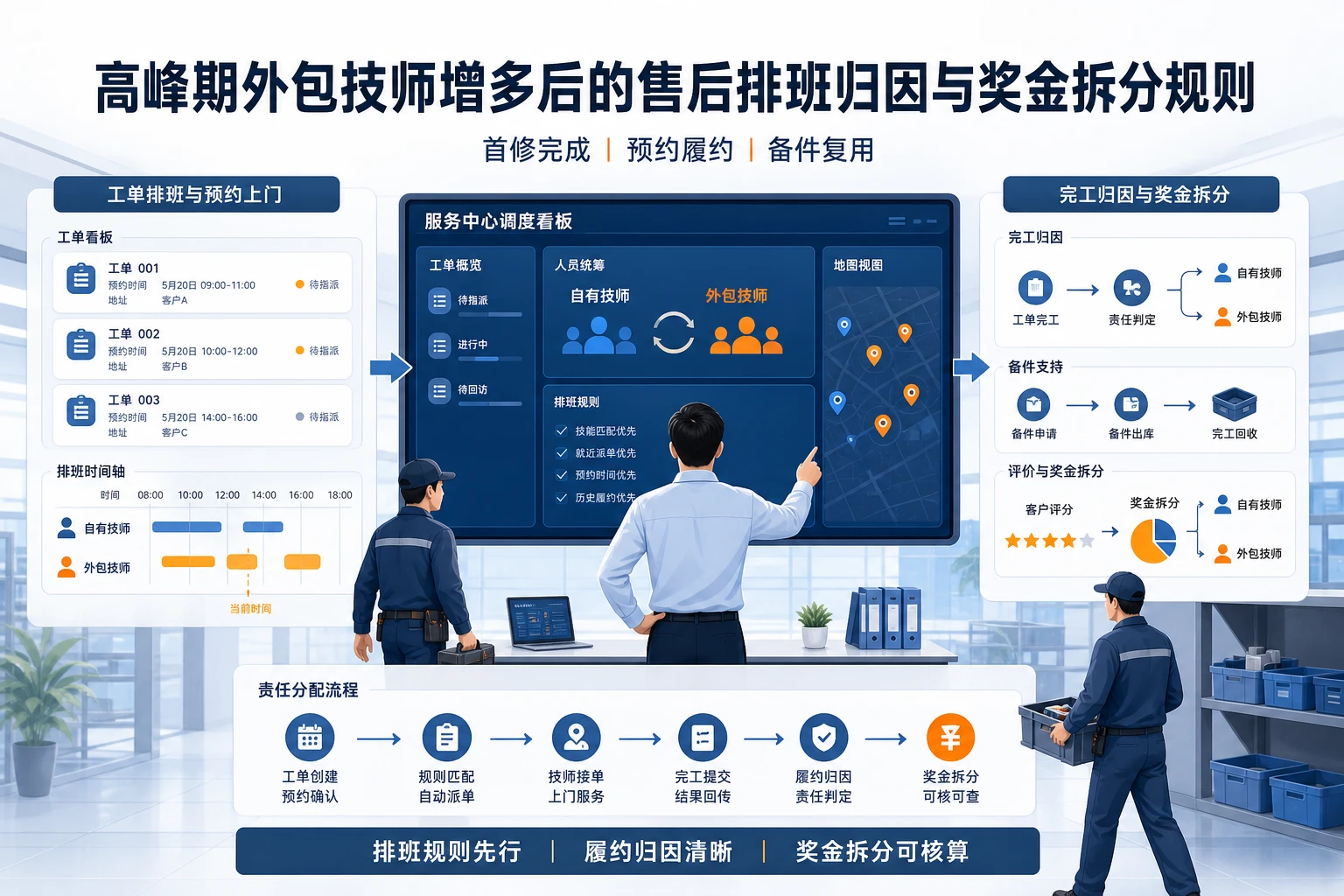 高峰期外包技师增多后的售后排班归因与奖金拆分规则