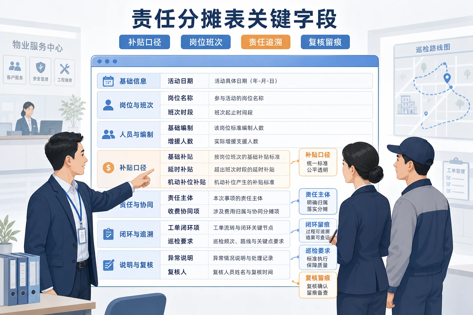 节假日物业机动岗排班补贴责任分摊表设计