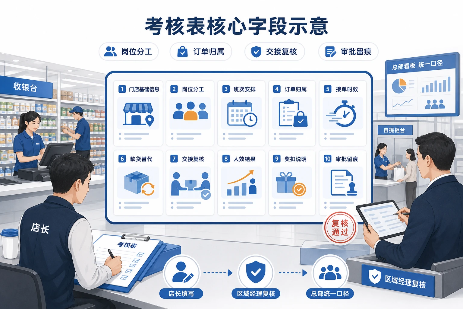 连锁门店到店自提考核表与导购排班联动模板