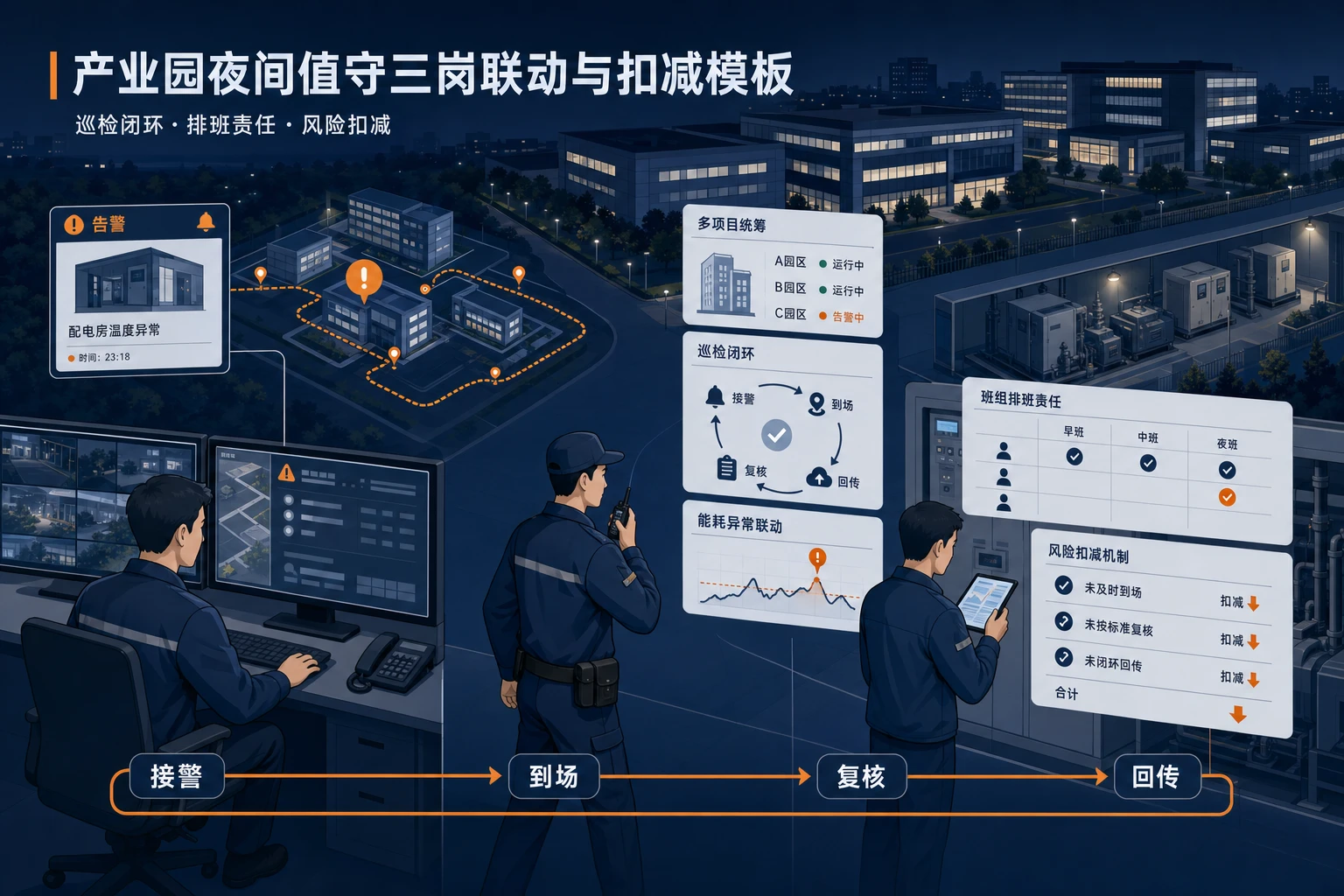 2026年产业园夜间值守三岗联动与扣减模板设计