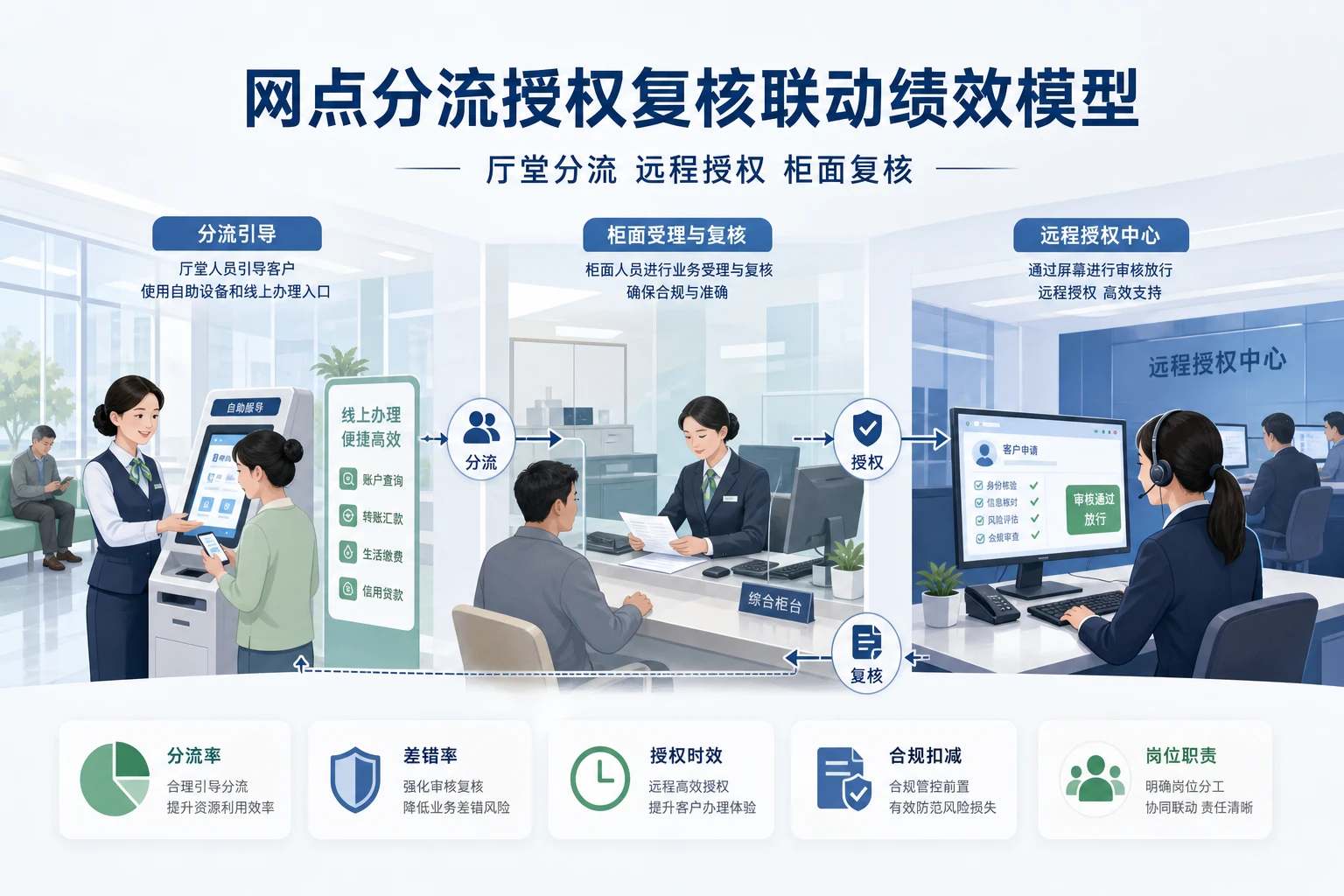 农商行网点分流授权复核联动绩效模型设计（2026年版）