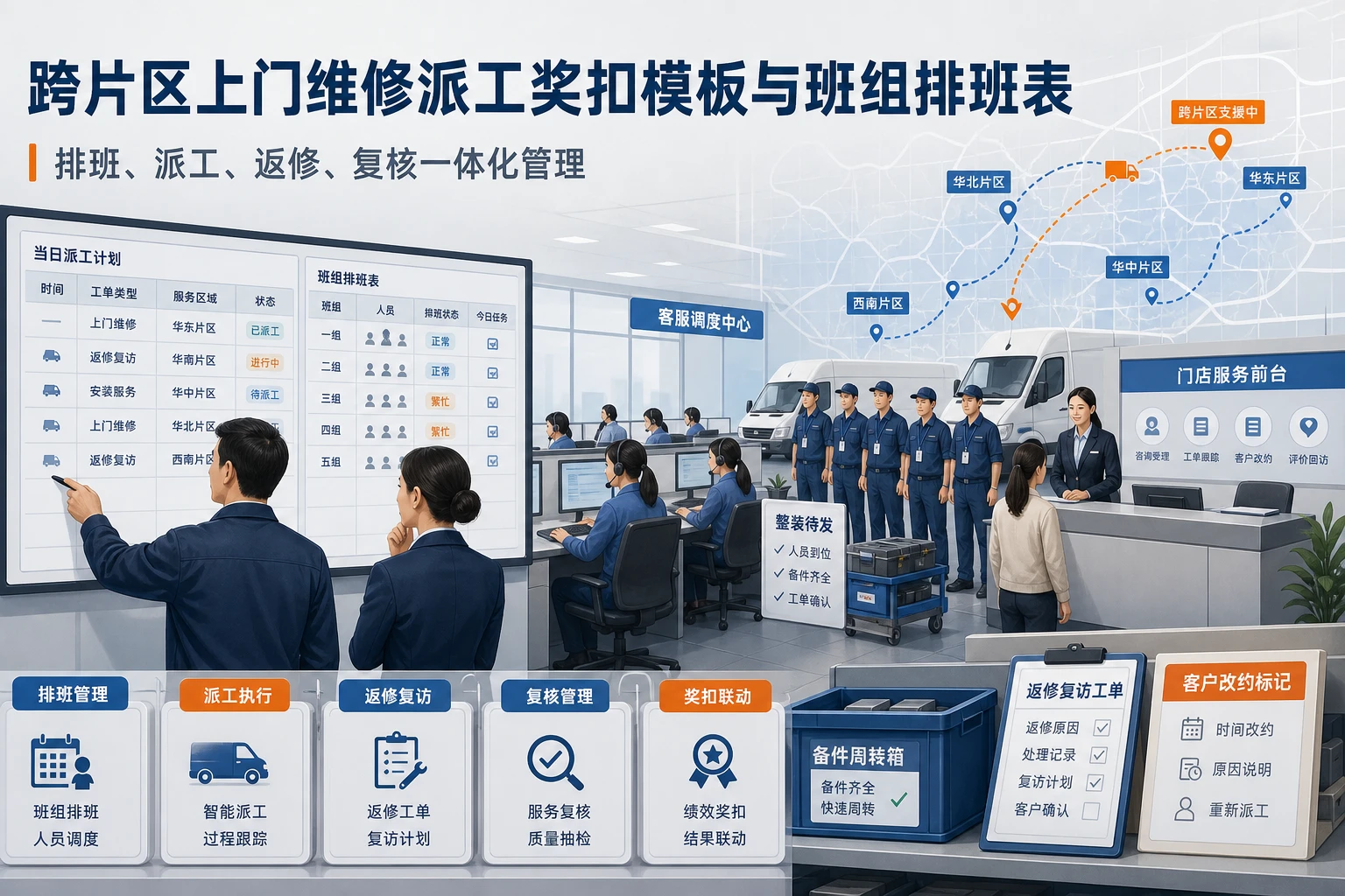 跨片区上门维修派工奖扣模板与班组排班表设计（2026年版）