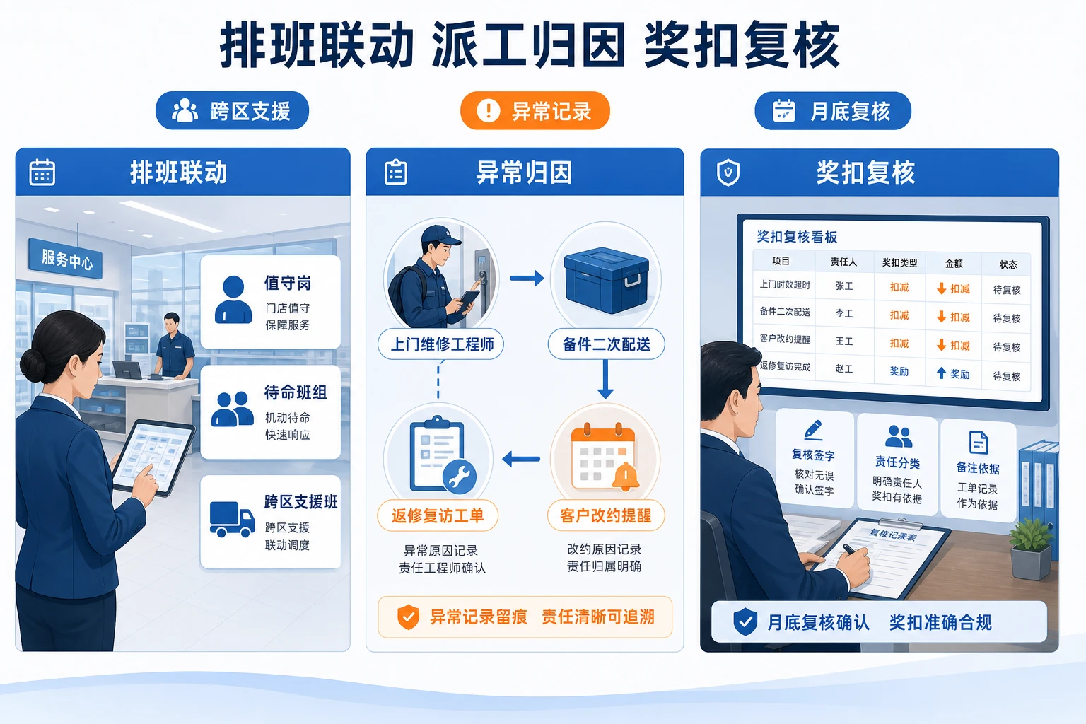 跨片区上门维修派工奖扣模板与班组排班表设计（2026年版）