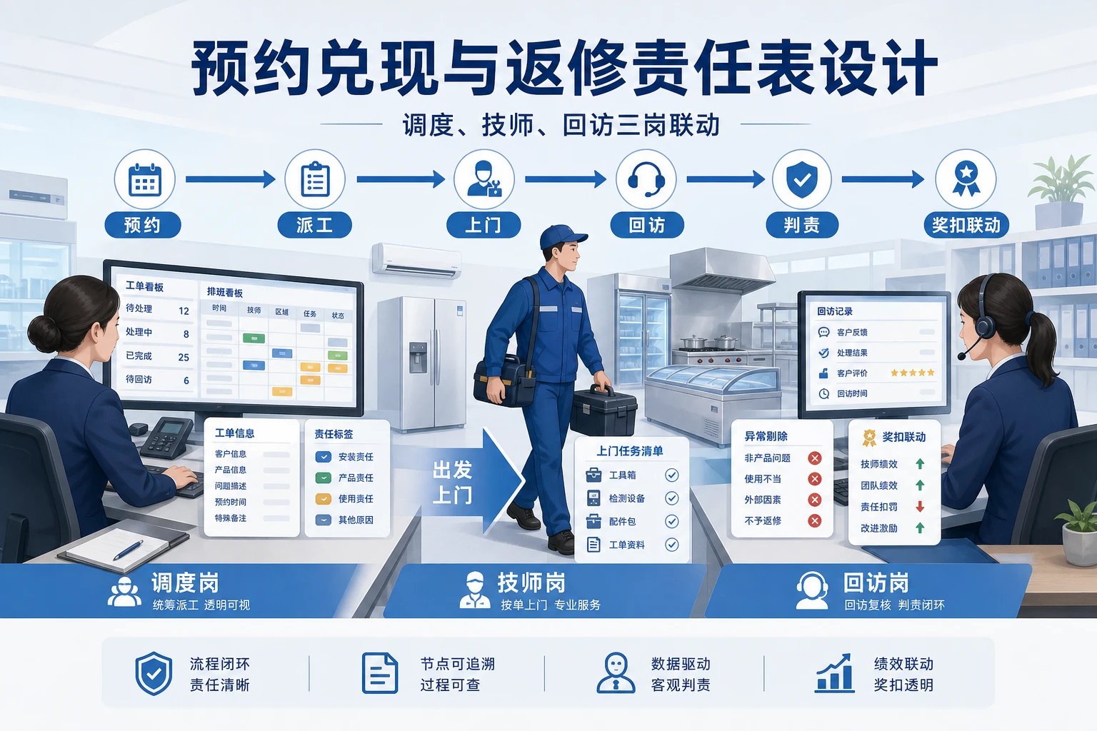 家电商用设备混合受理下预约兑现与返修责任表设计