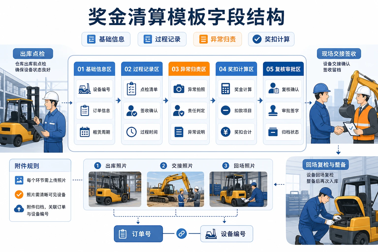 2026年设备租赁出库交机回场奖扣结算表模板设计