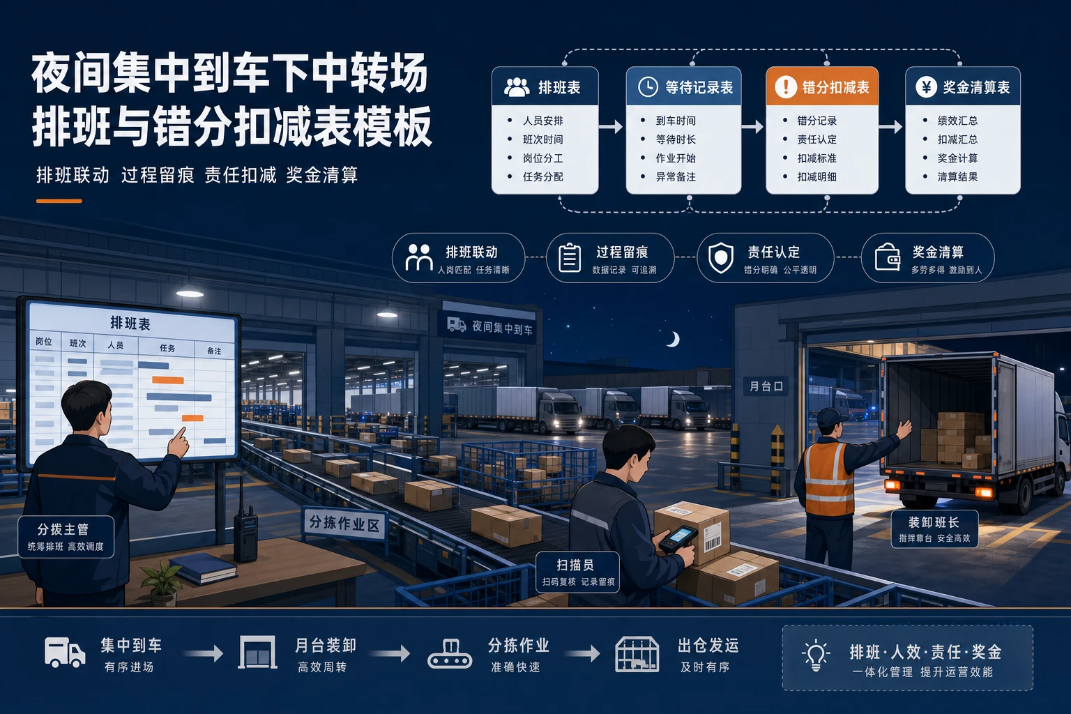 夜间集中到车下中转场排班与错分扣减表模板