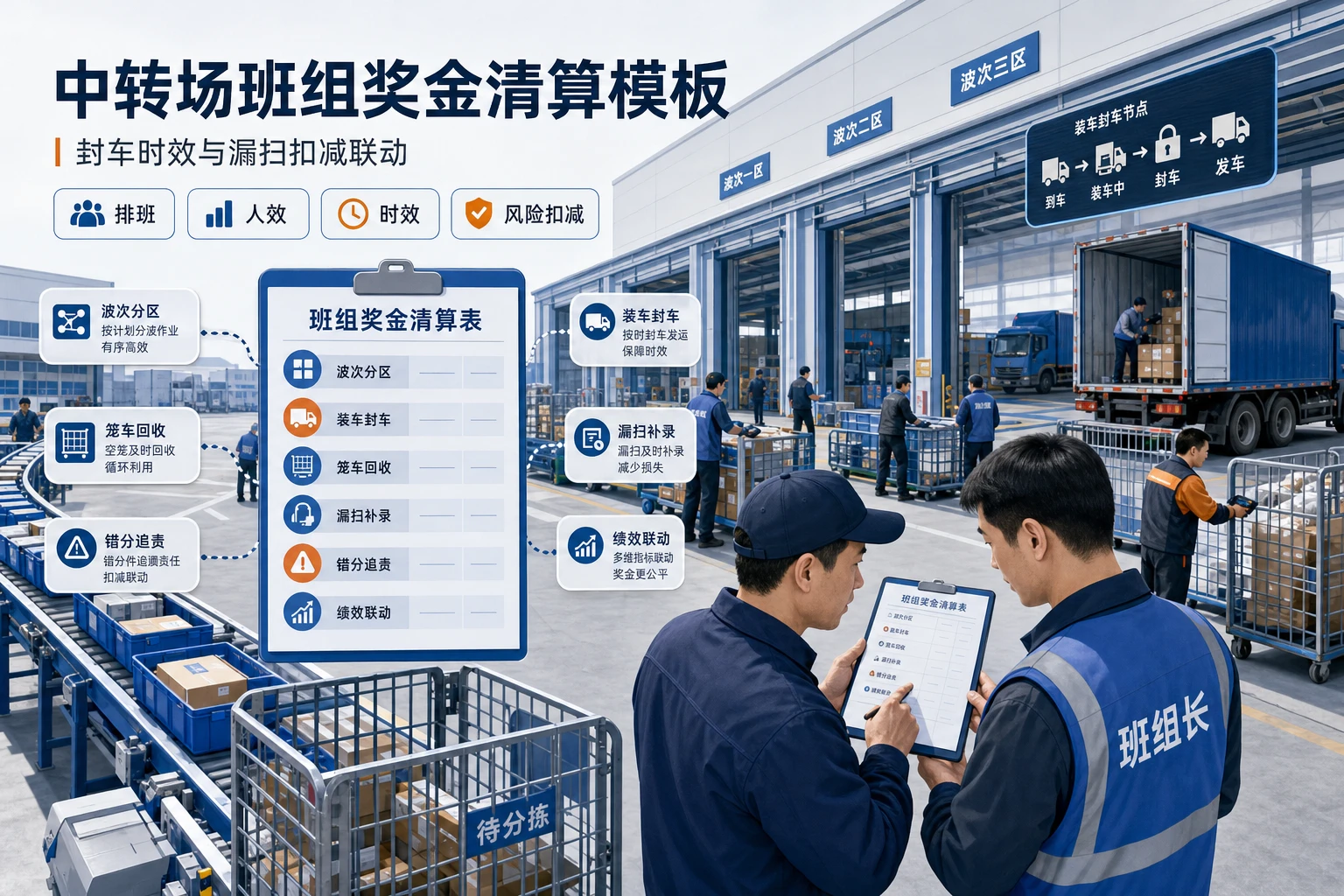 中转场班组奖金清算模板：封车时效与漏扫扣减联动