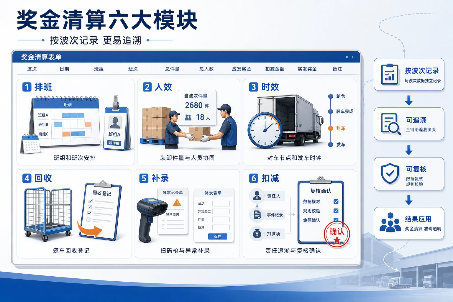中转场班组奖金清算模板：封车时效与漏扫扣减联动