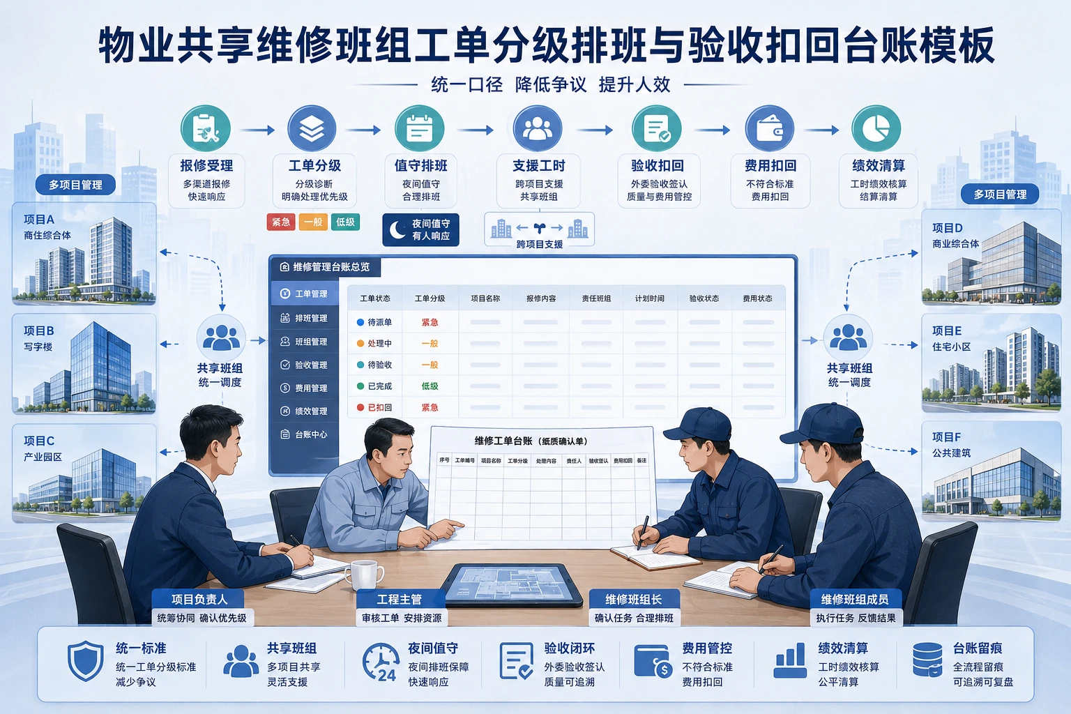 物业共享维修班组工单分级排班与验收扣回台账模板