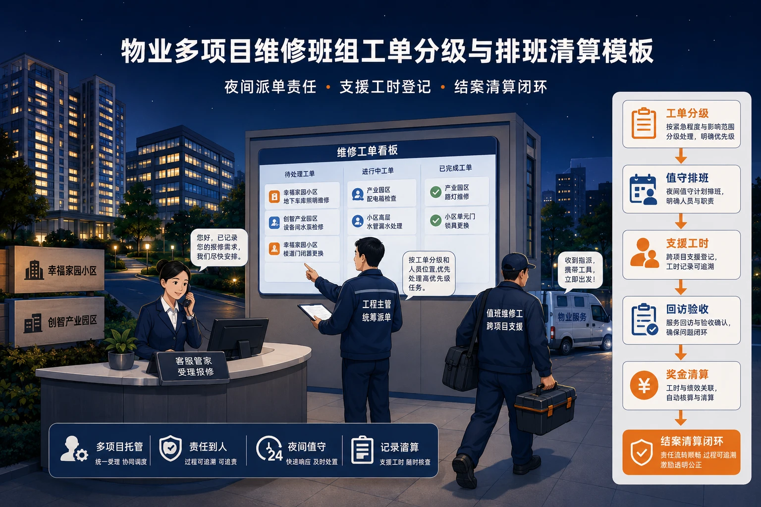 物业多项目维修班组工单分级与排班清算模板