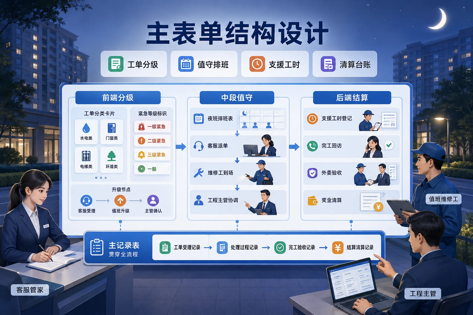 物业多项目维修班组工单分级与排班清算模板