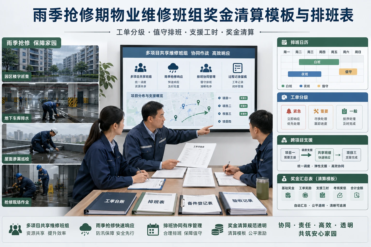 雨季抢修期物业维修班组奖金清算模板与排班表