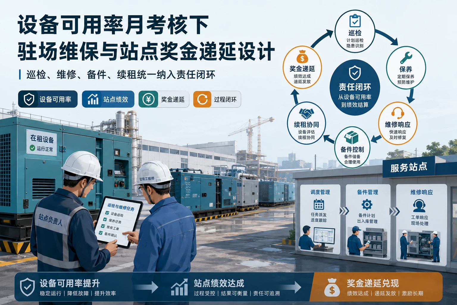 设备可用率月考核下驻场维保与站点奖金递延设计