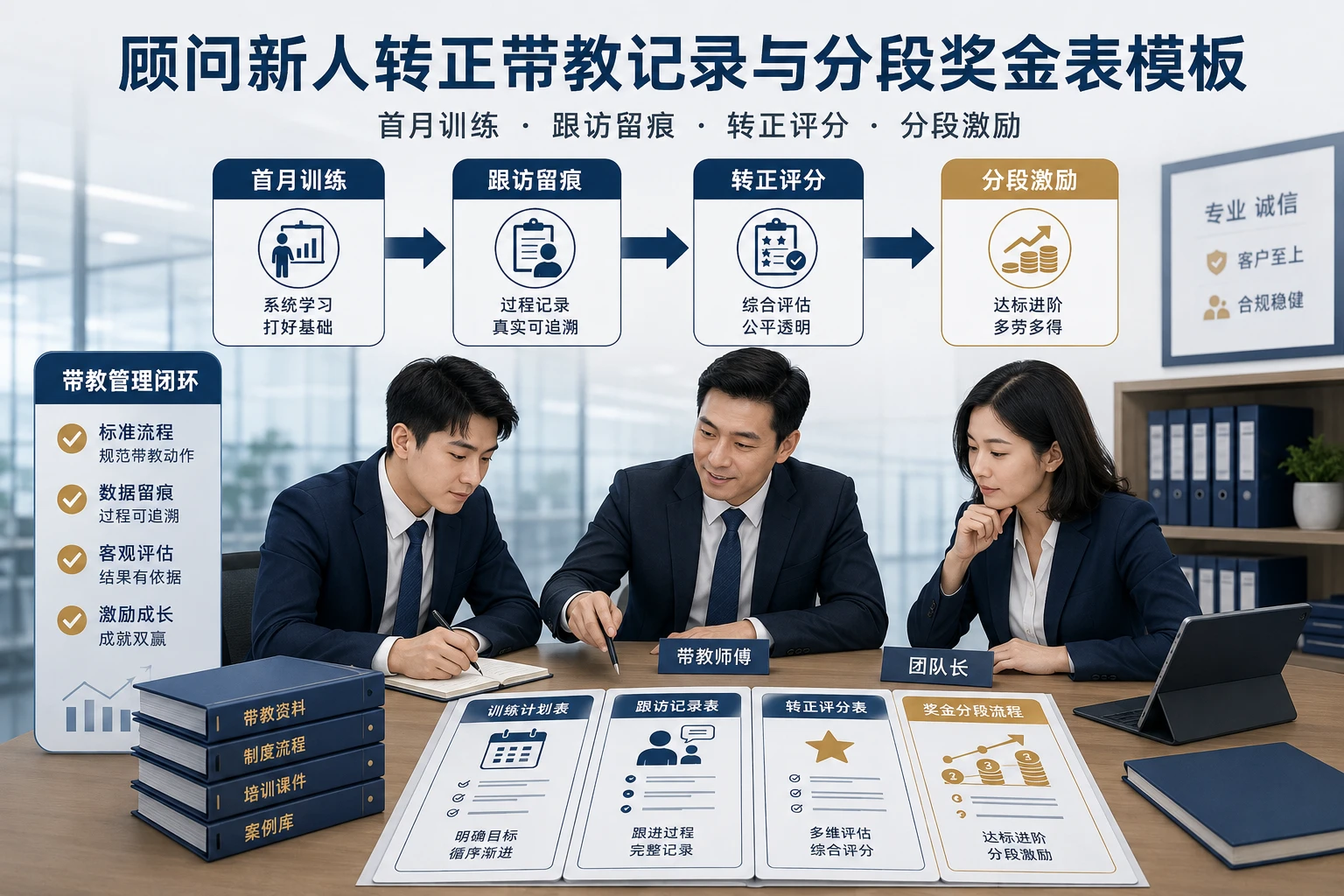 顾问新人转正带教记录与分段奖金表模板