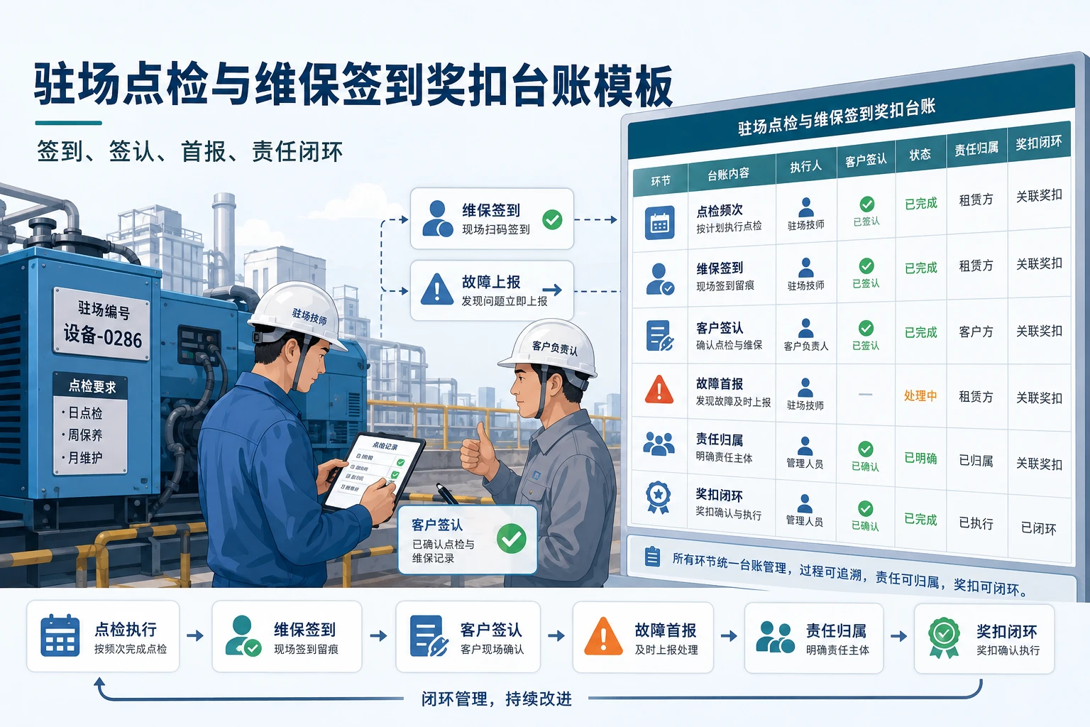 驻场点检与维保签到奖扣台账模板设计（2026年版）