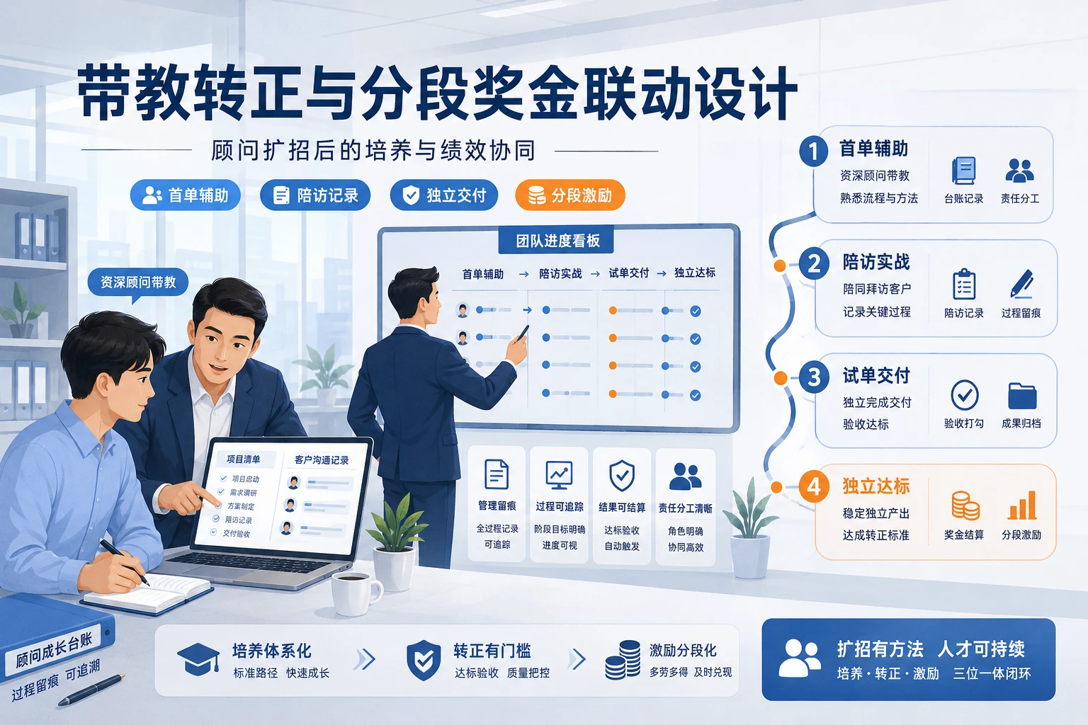 顾问扩招后带教转正与分段奖金联动设计