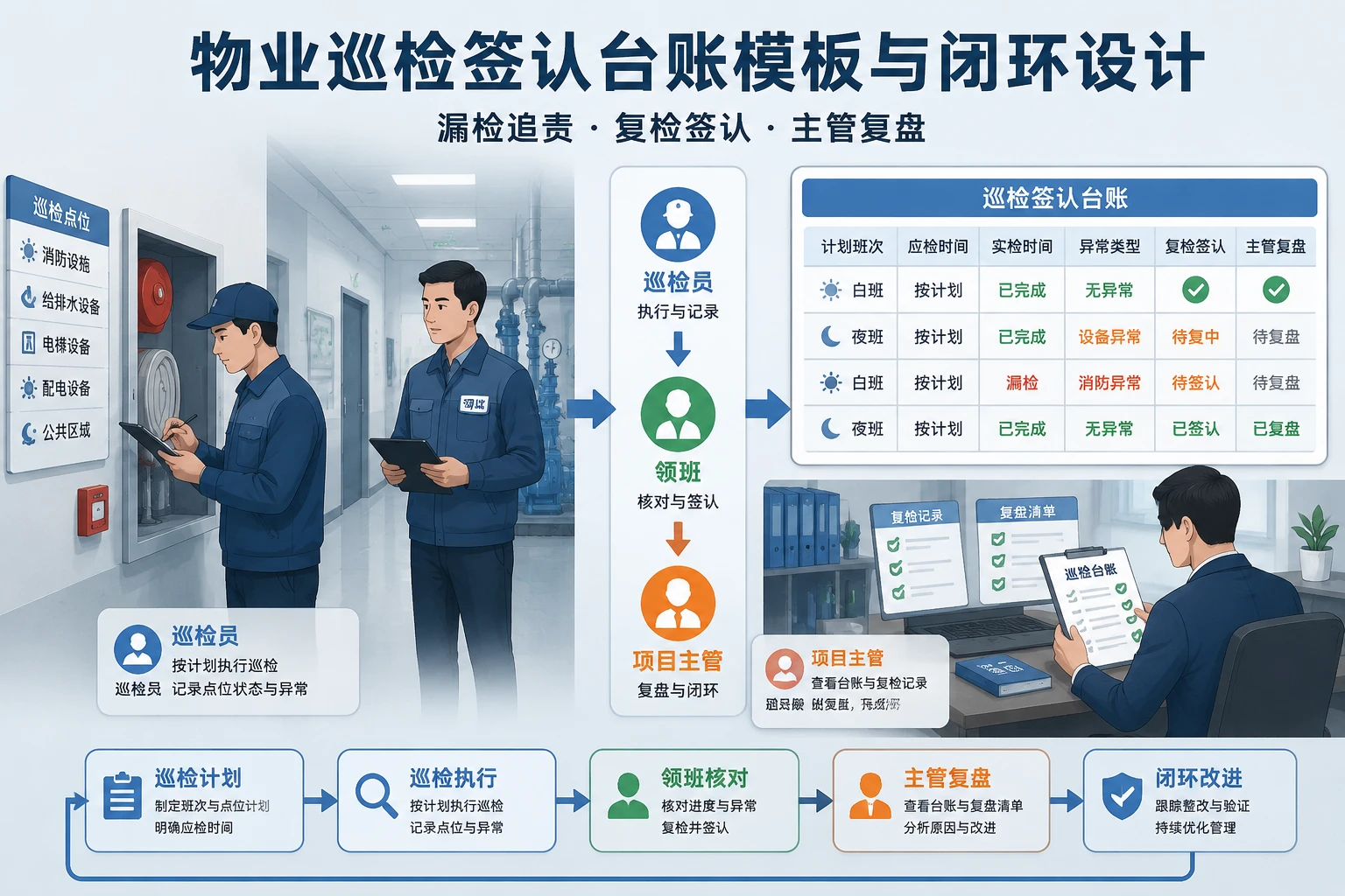 2026年物业巡检漏检迟检复检签认台账模板与闭环设计