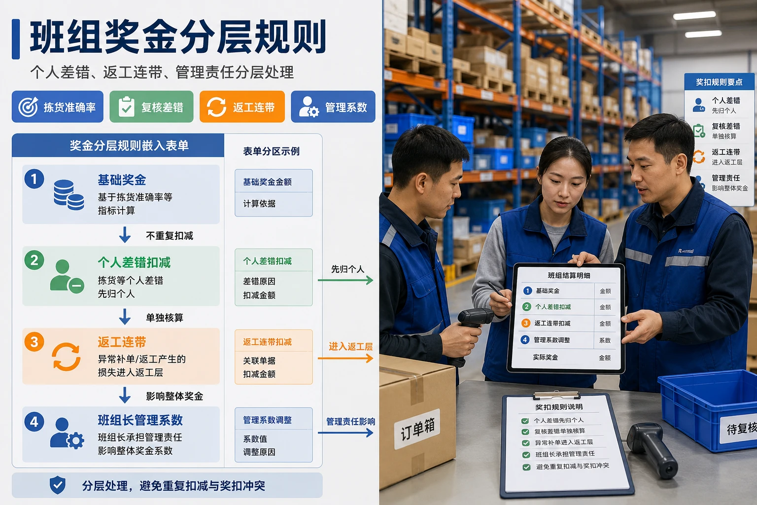 波次拣货差错责任结算表与班组奖金分层模板