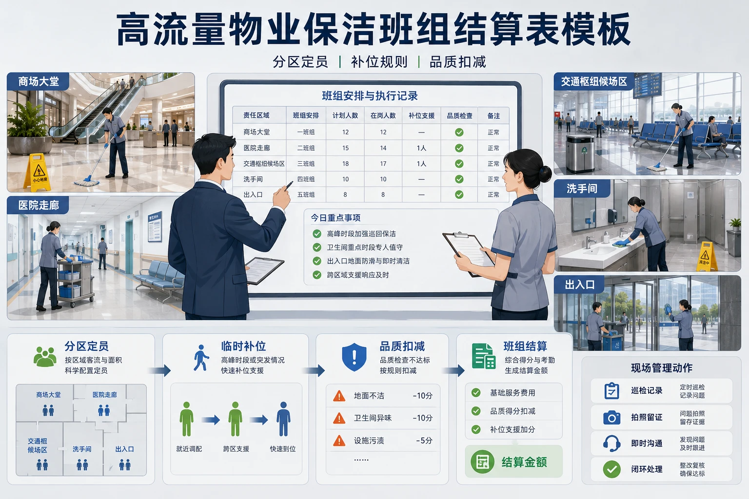2026年高流量物业保洁班组定员补位与扣减结算表模板