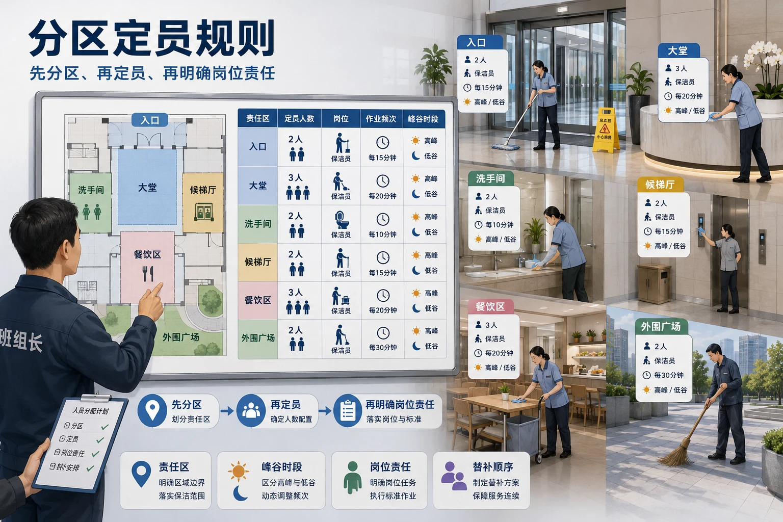 2026年高流量物业保洁班组定员补位与扣减结算表模板
