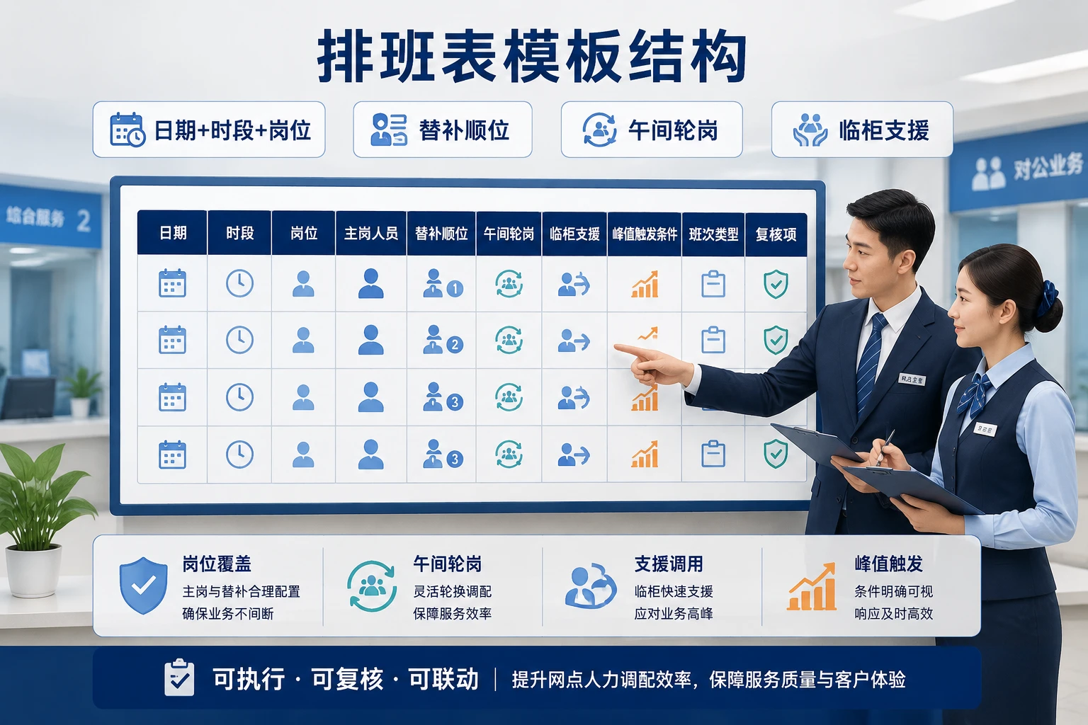 2026年农商行网点柜员替补与午间轮岗排班表模板