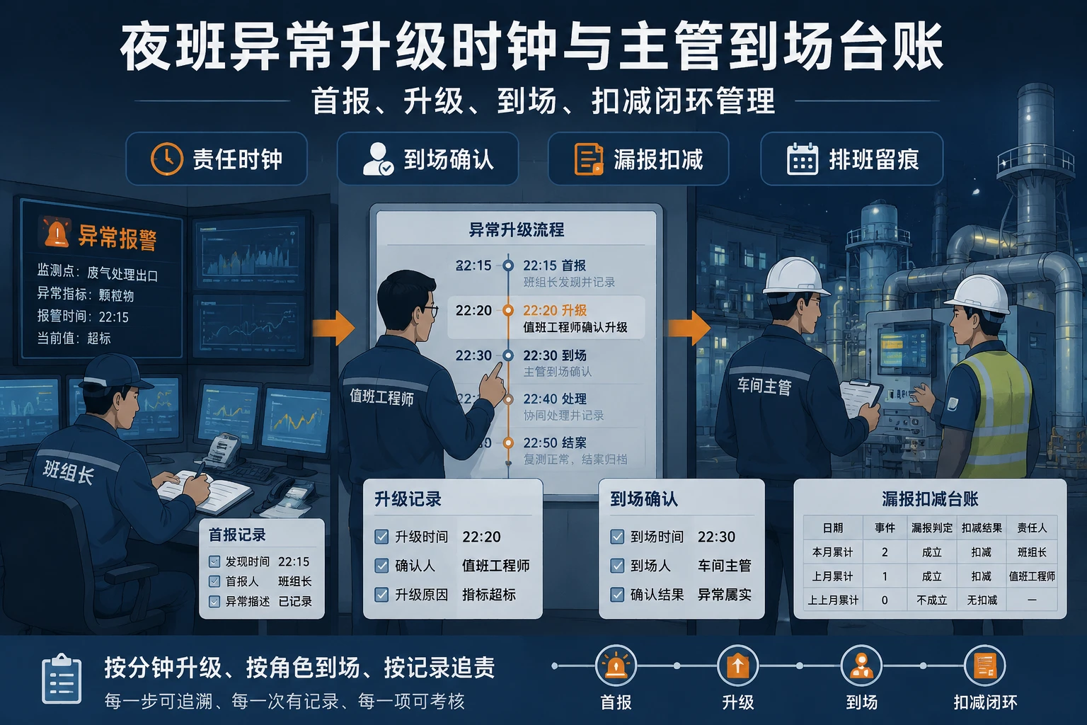 2026年环保监测夜班异常升级时钟与主管到场扣减台账模板