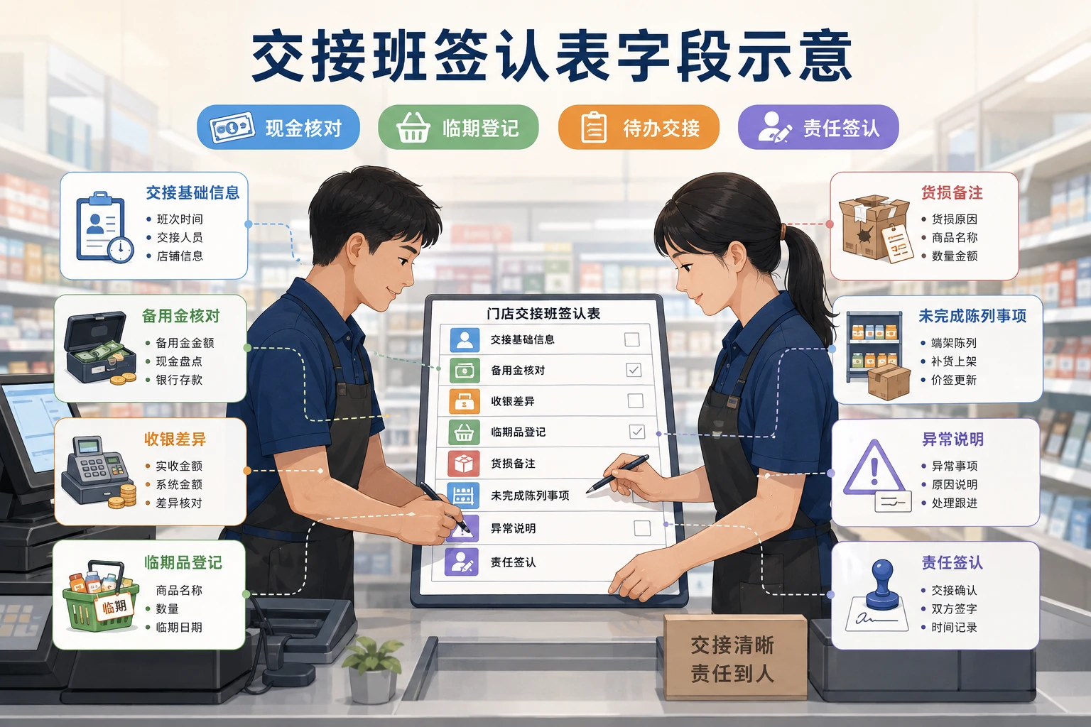2026年连锁门店交接班签认表模板：现金货损与待办核对机制