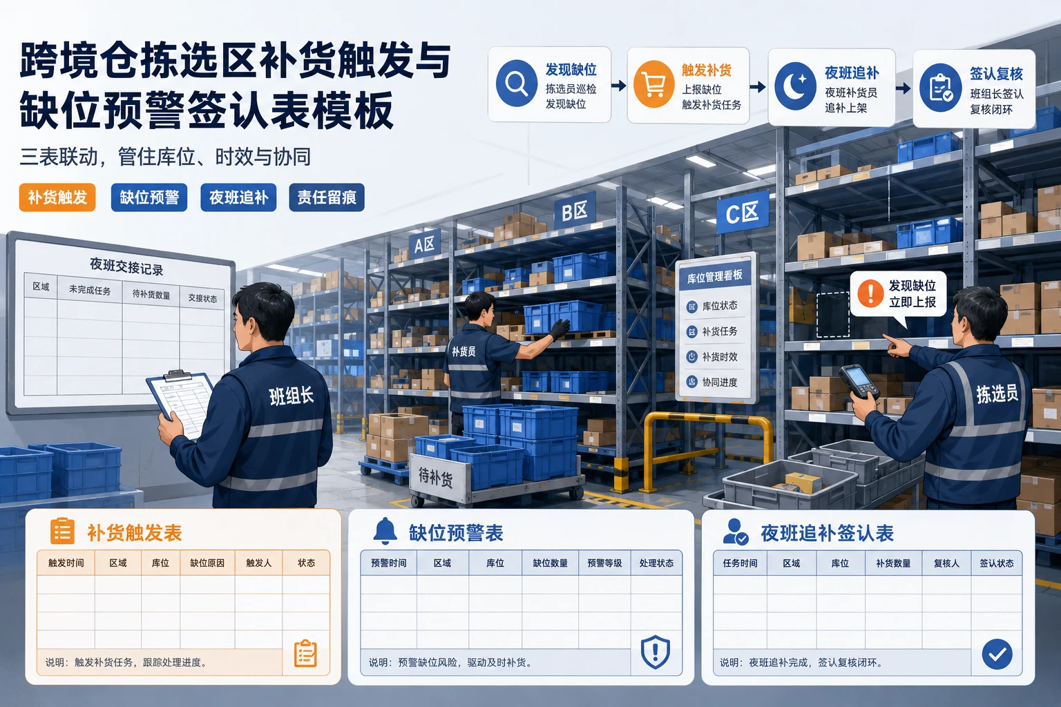跨境仓拣选区补货触发与缺位预警签认表模板(2026年版)