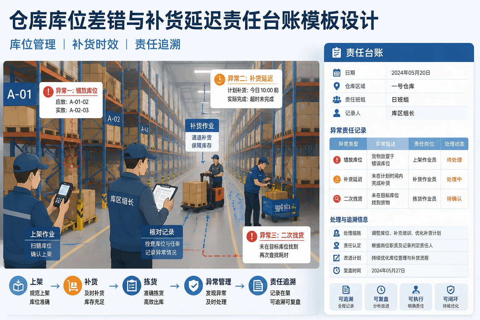 仓库库位差错与补货延迟责任台账模板设计