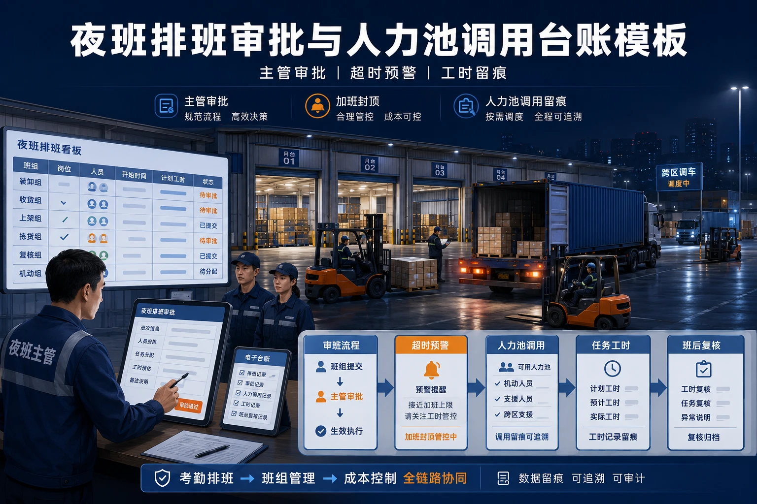 夜班排班审批与人力池调用台账模板怎么设计